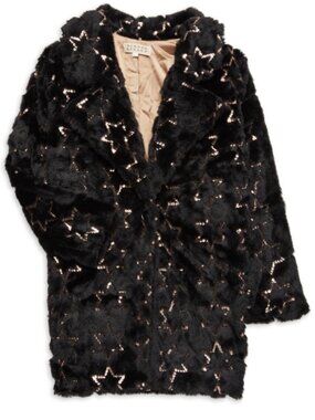 Girls HANNAH BANANA Black Faux Fur Gold Sequin Star Coat 6